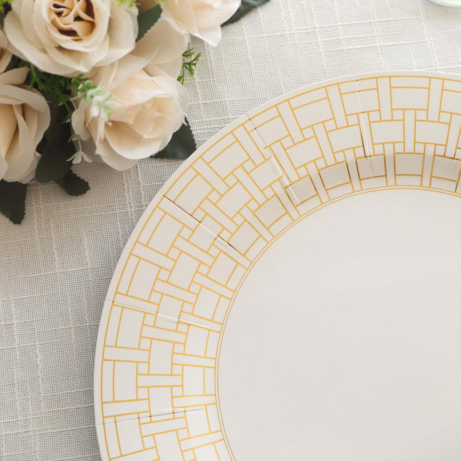 10-Pack Cardstock Paper Charger Plates in White with Gold Basketweave Pattern Rim - 650GSM Cardboard Placemats for Weddings & Banquets 13"