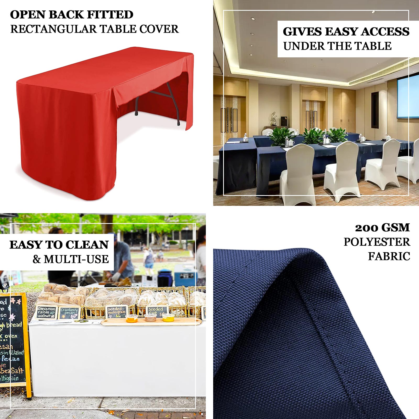 Fitted Polyester 72"x30" Rectangle Tablecloth Red with Open Back Design - Easy to Maintain and Wrinkle-Resistant Table Cover
