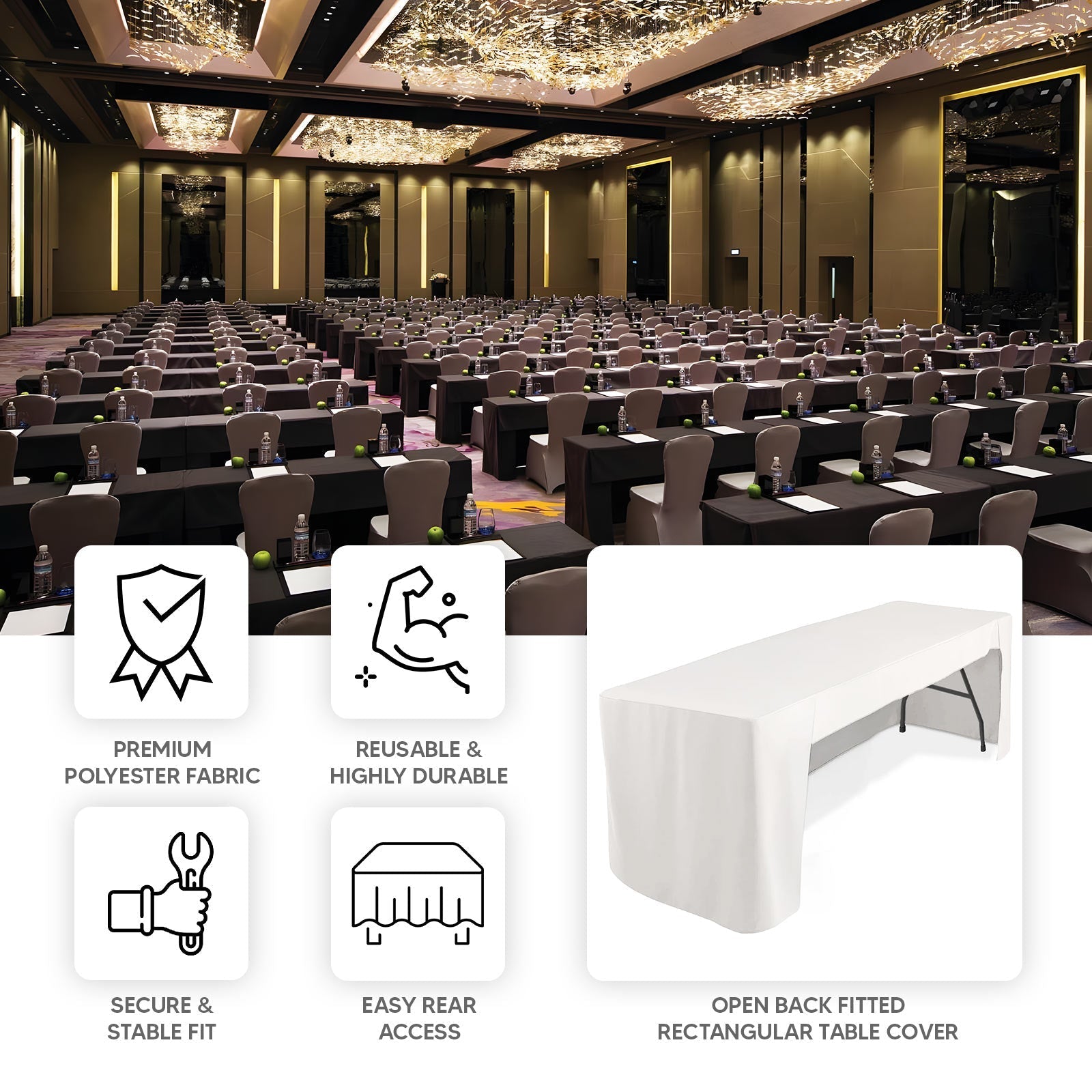 Fitted Polyester 96"x30" Rectangle Tablecloth Navy Blue with Open Back Design - Easy to Maintain and Wrinkle-Resistant Table Cover for Trade Shows & Displays