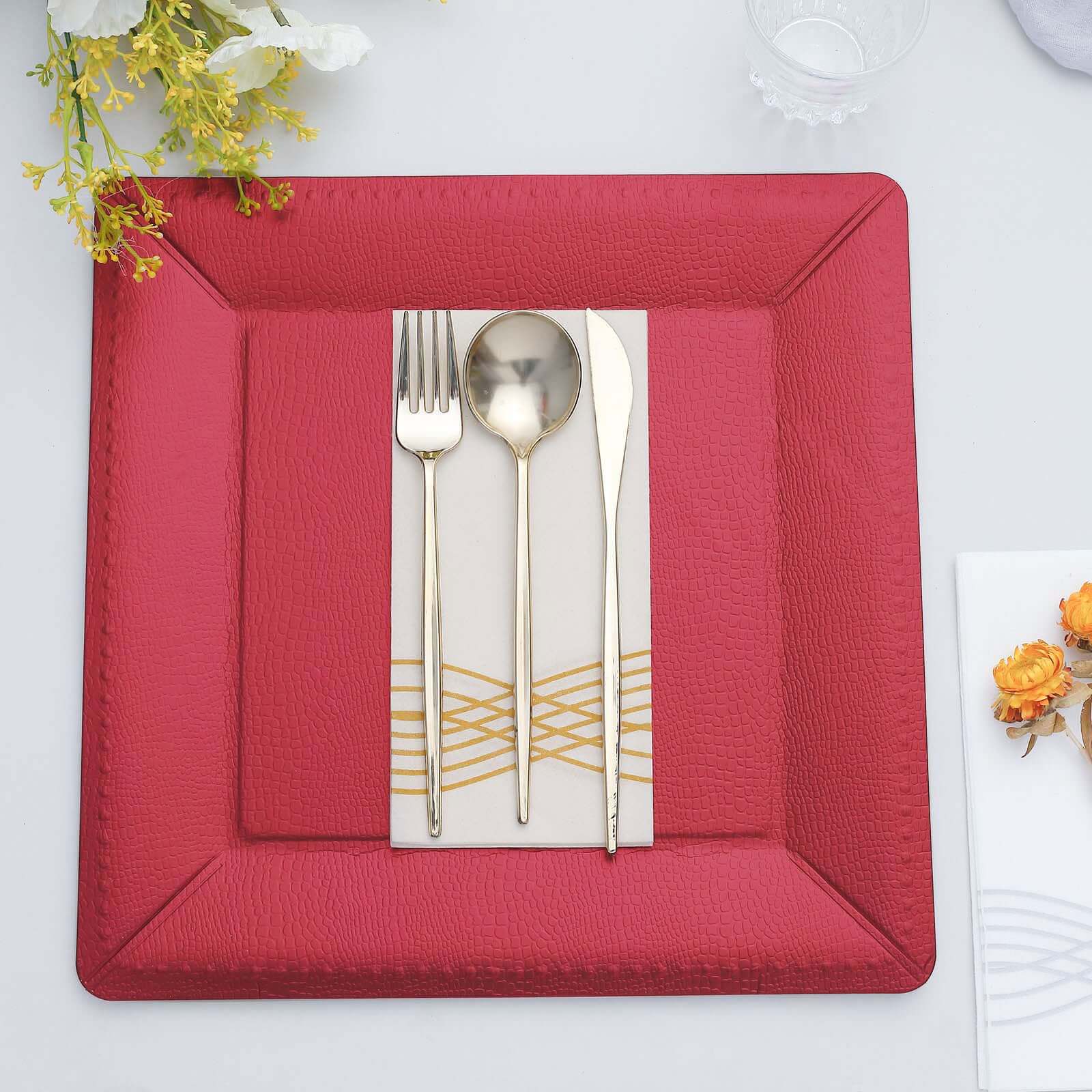 10-Pack Disposable Square Charger Plates in Burgundy with Leather Like Texture - 1100GSM Durable Paper Chargers 13"
