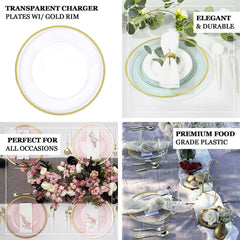 10-Pack Economy Plastic Round Charger Plates 12" in Transparent Amber Gold with Wide Gold Rim, Decorative Dinner Party Serving Plates