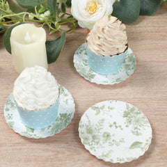 100-Pack Paper 3.5" Round Plates in White with Sage Green French Toile Design & Scalloped Rim - Disposable Mini 250GSM Dessert Party Plates for Tapas, Appetizers & Finger Foods