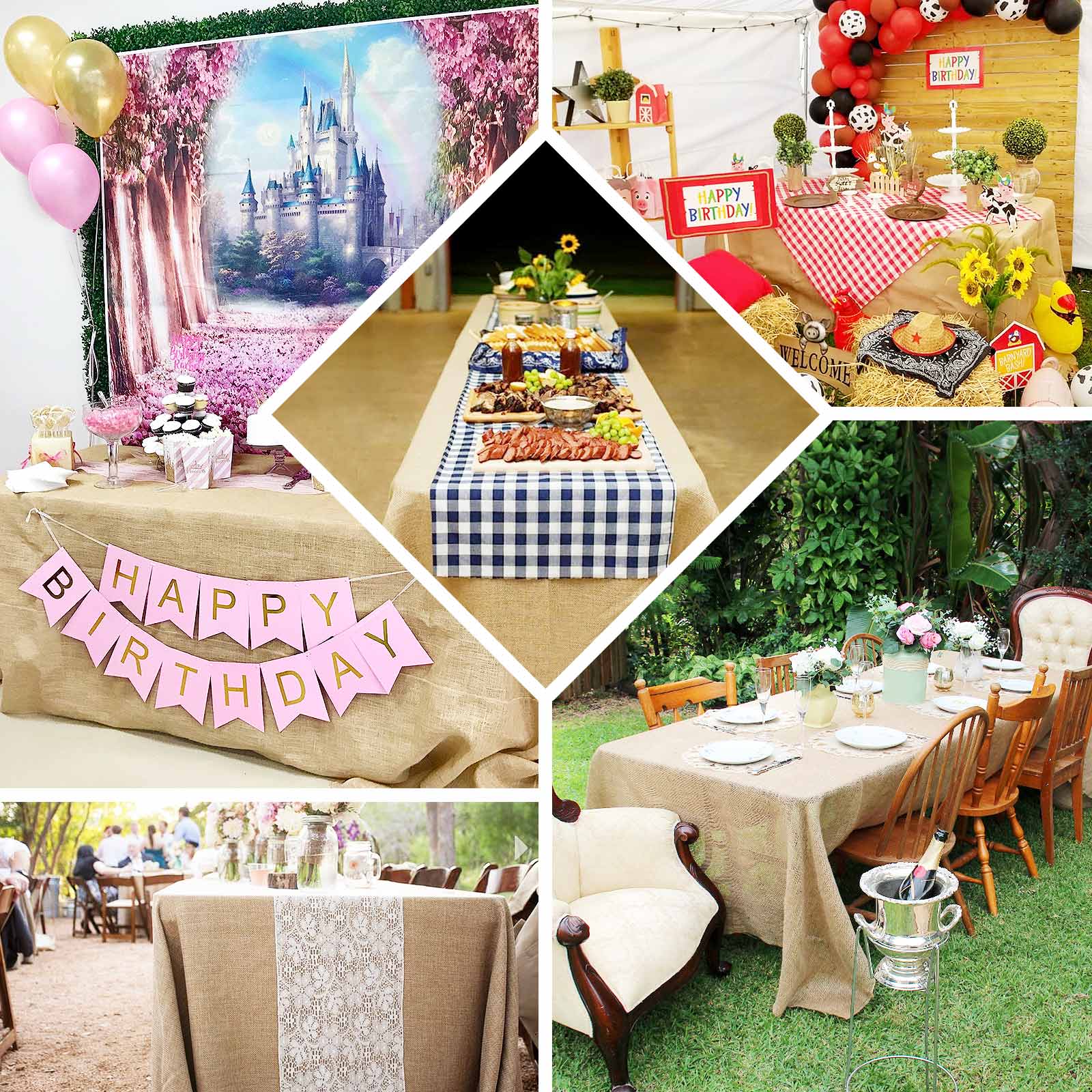Faux Burlap Jute 90"x132" Rectangle Tablecloth Natural - Rustic Seamless Event Table Linen