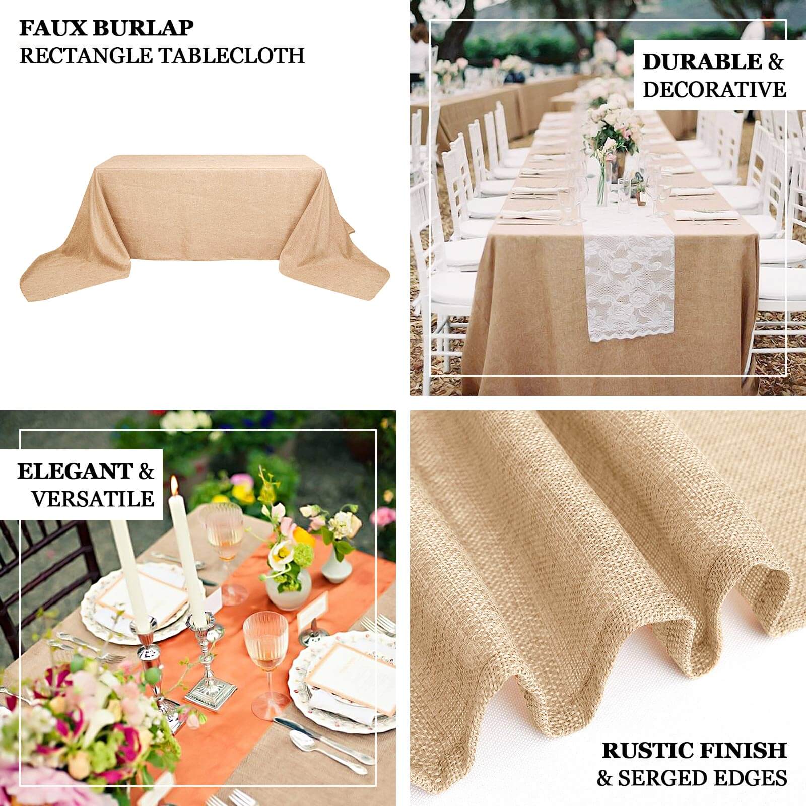 Faux Burlap Jute 90"x156" Rectangle Tablecloth Natural - Rustic Seamless Event Table Linen