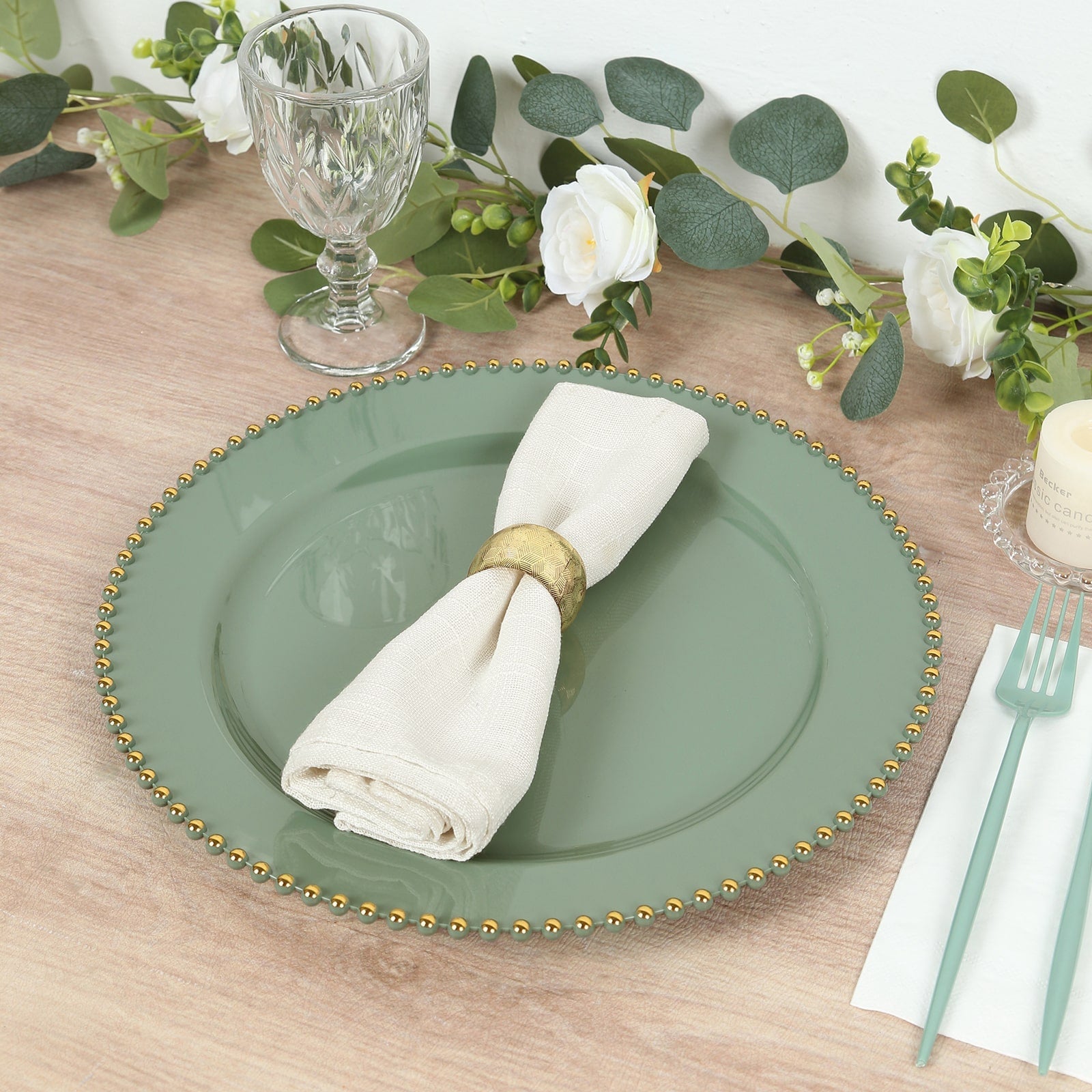 10-Pack Economy Round Plastic Charger Plates 13" in Dusty Sage Green with Gold Beaded Rim, Stylish Dinner Party Serving Plates