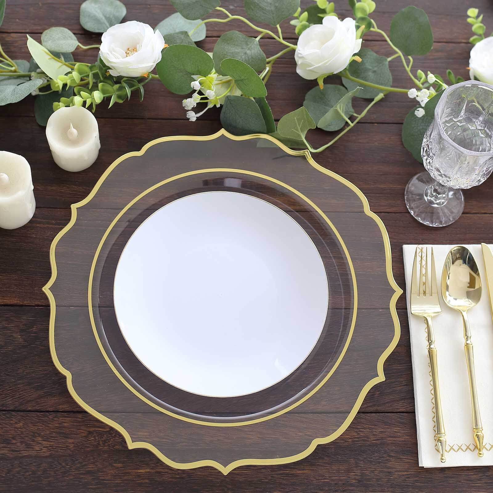 10-Pack Economy Plastic Round Charger Plates 13" in Clear with Gold Scalloped Rim, Decorative Dinner Party Serving Plates
