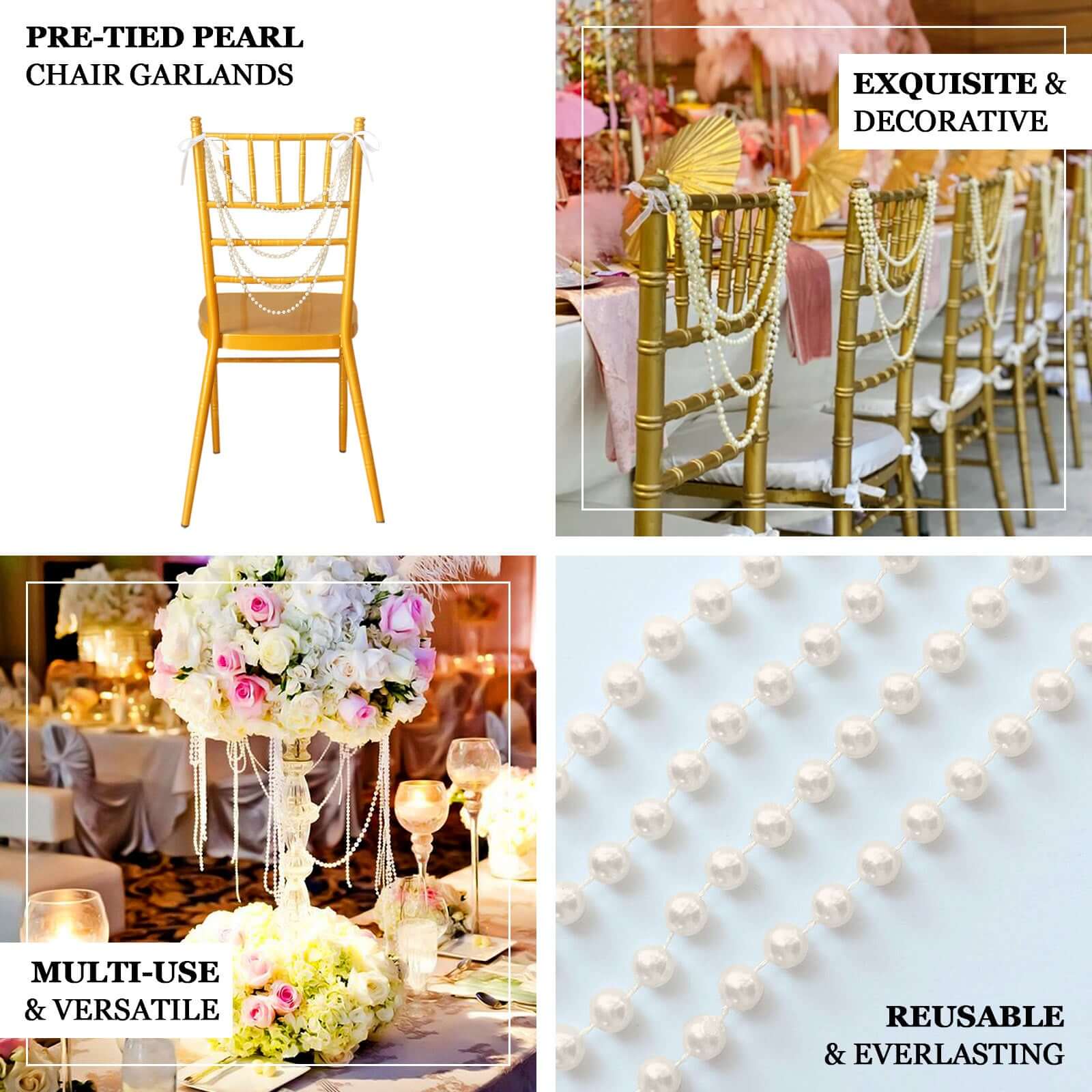 Faux Pearl Beaded 16" Chair Back Garland Sash Black Gatsby-Inspired Style - Pre-Tied Chic Wedding Decor for Chiavari Chairs