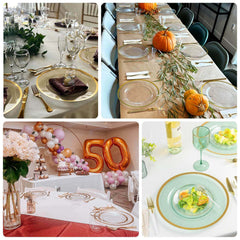 10-Pack Economy Plastic Round Charger Plates 12" in Clear with Wide Gold Rim, Decorative Dinner Party Serving Plates