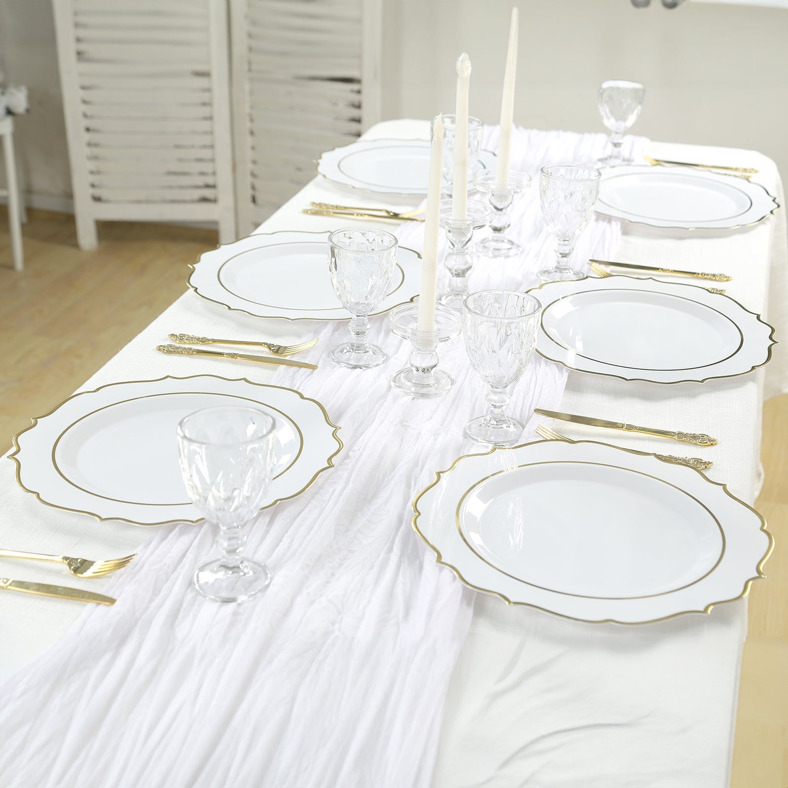 10-Pack Economy Plastic Round Charger Plates 13" in White with Gold Scalloped Rim, Decorative Dinner Party Serving Plates