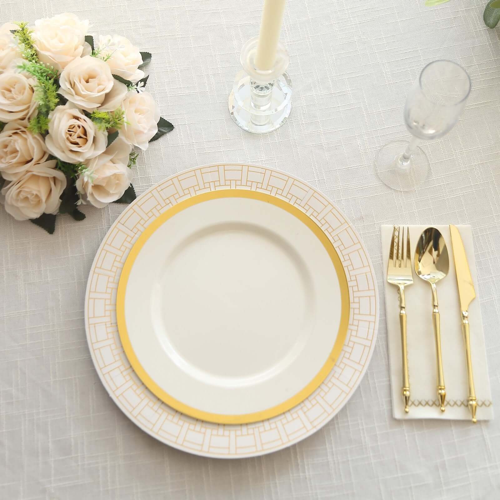 10-Pack Cardstock Paper Charger Plates in White with Gold Basketweave Pattern Rim - 650GSM Cardboard Placemats for Weddings & Banquets 13"