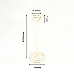 10-Pack Metal Card Holder Stands Heart Design Gold - Table Number Stands and Wedding Place Card Menu Clips 8"