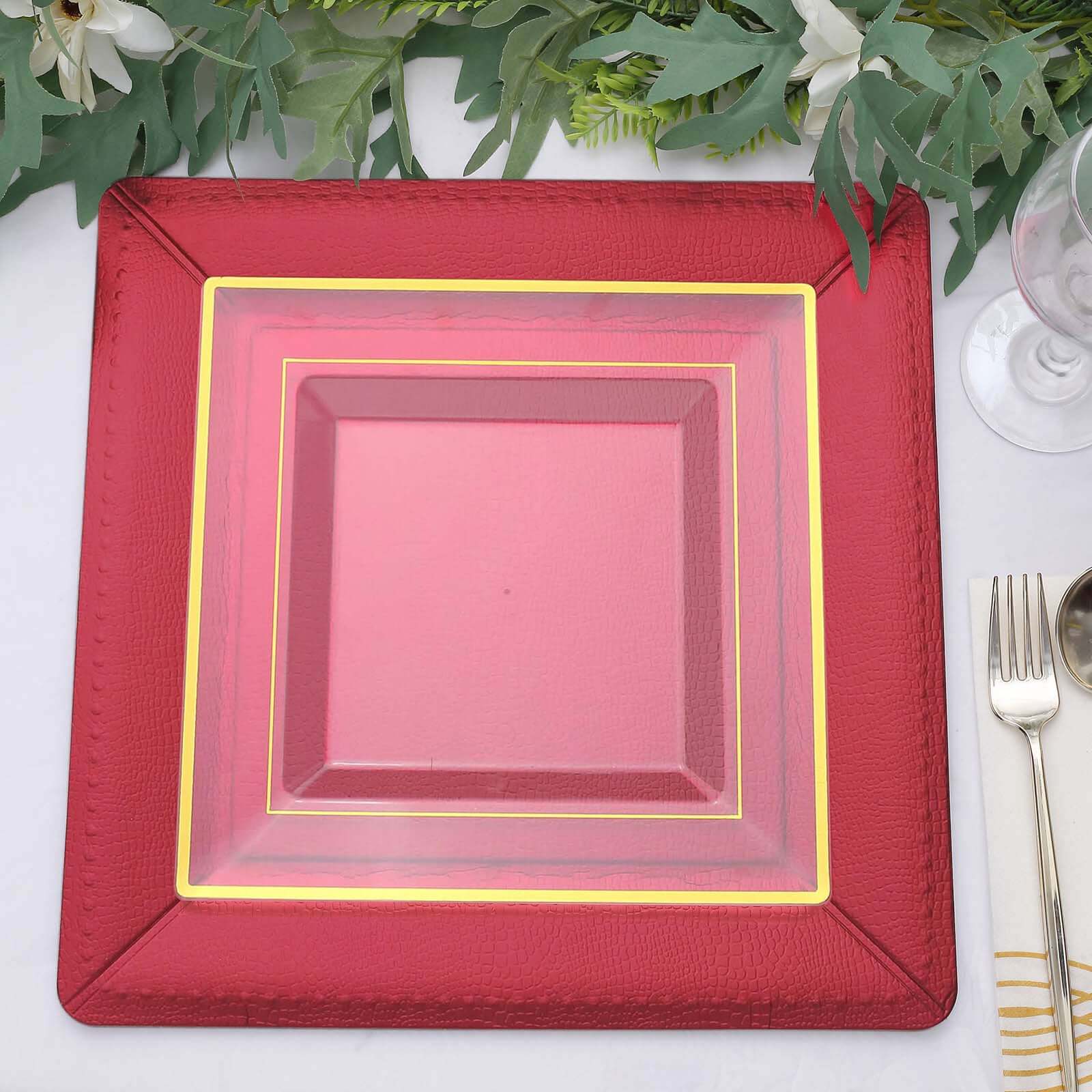 10-Pack Disposable Square Charger Plates in Burgundy with Leather Like Texture - 1100GSM Durable Paper Chargers 13"