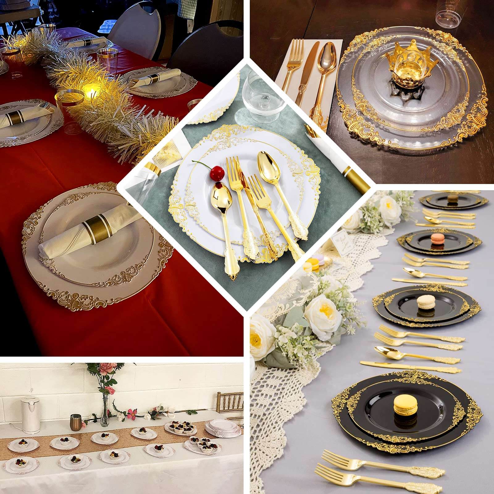 10-Pack Plastic 8" Round Dessert Plates in Black with Gold Leaf Embossed Rim - Disposable Vintage Baroque Style Salad Plates