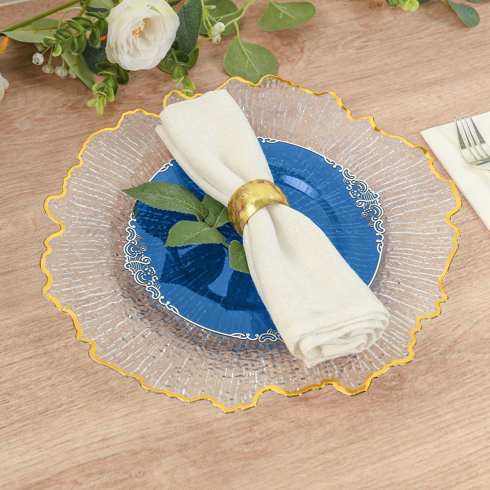 10-Pack Plastic 8" Round Dessert Plates in Transparent Navy Blue with Silver Leaf Embossed Rim - Disposable Vintage Baroque Style Salad Plates