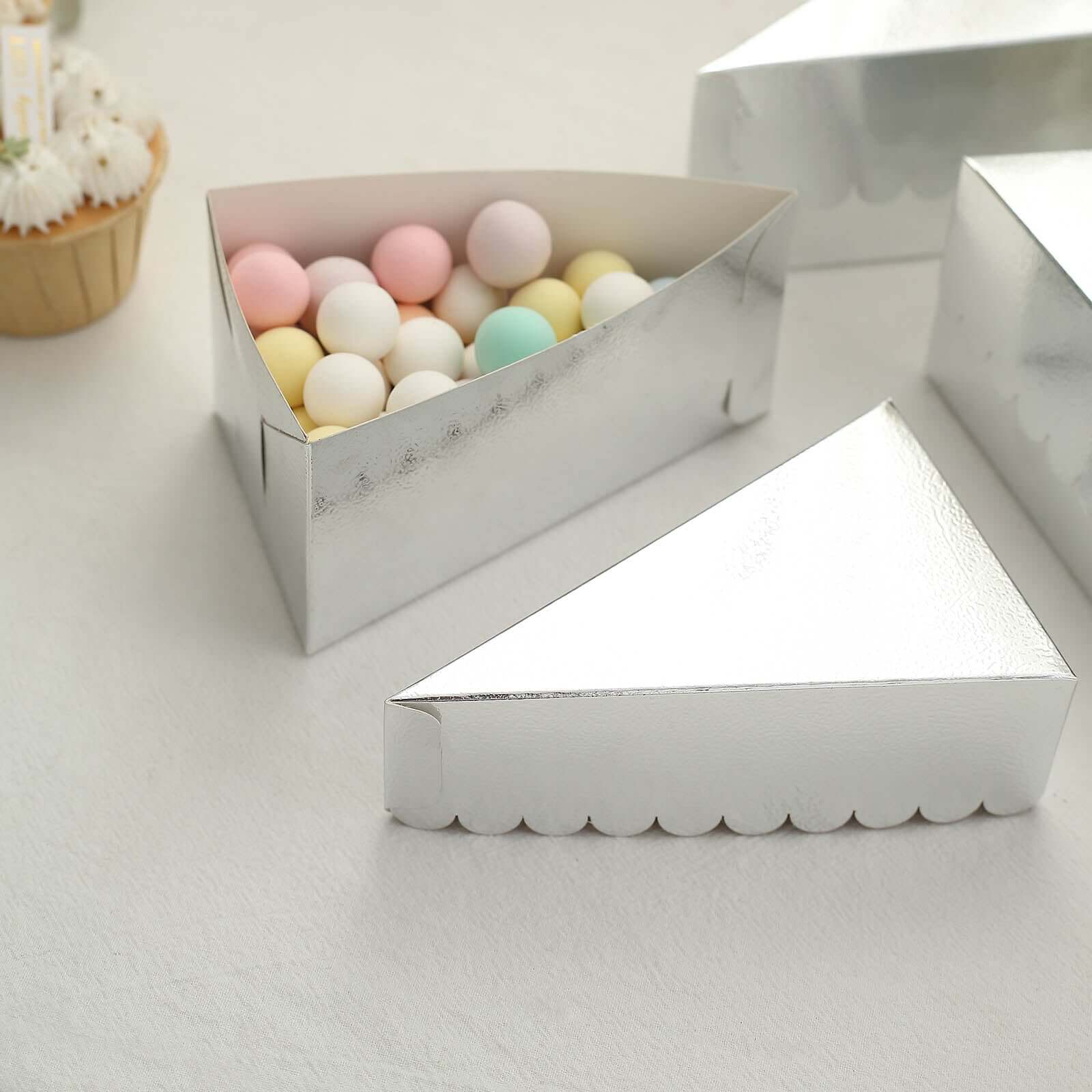 10-Pack Cardstock Triangle Cake Slice Boxes Metallic Silver with Scalloped Top - Decorative Takeaway Dessert Containers for Pie Snacks & Party Favors 5"x3"