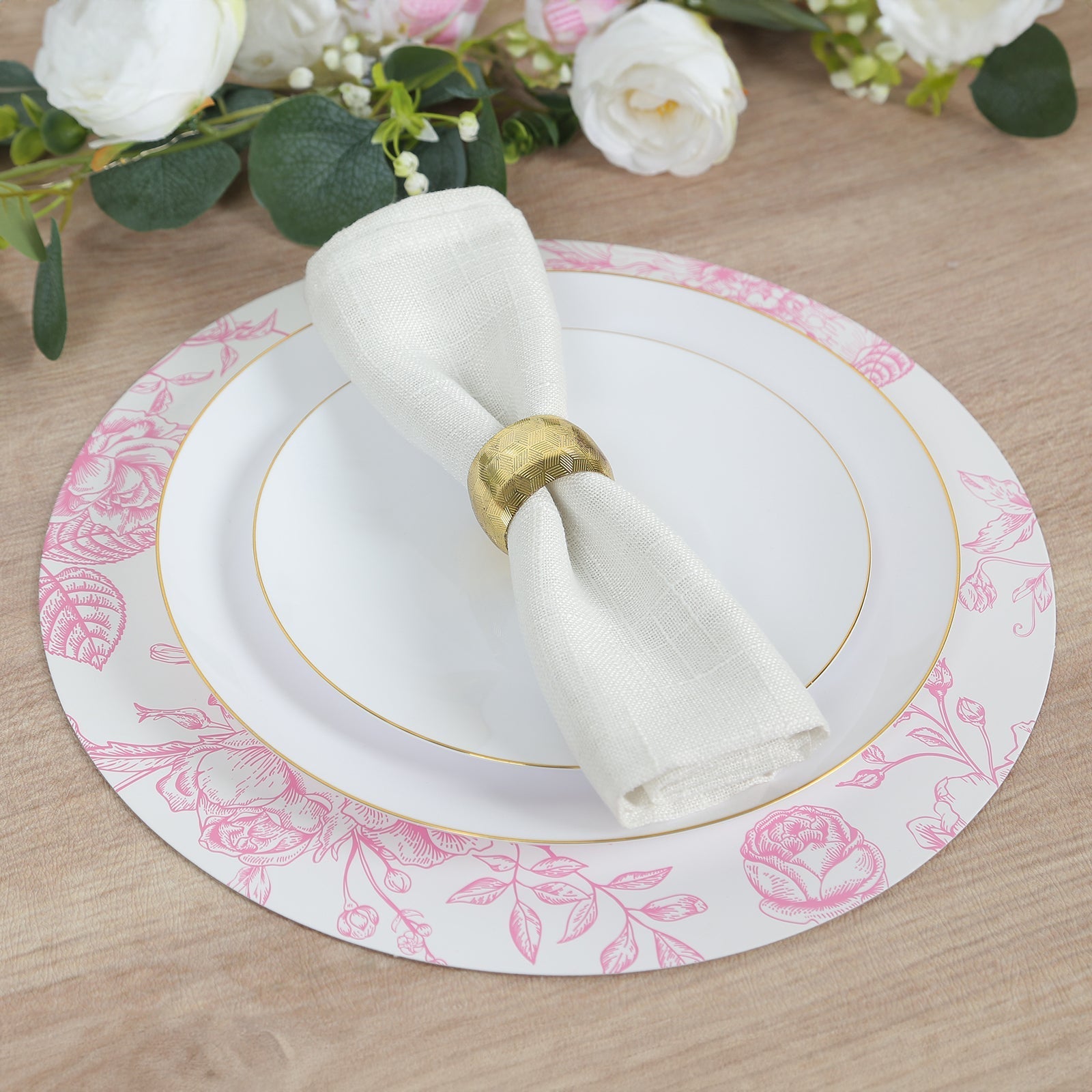 10-Pack Disposable Table Placemats in French Toile Print 13" in White/Matte Pink - Chic Floral Cardboard Placemats for Stylish Table Setting