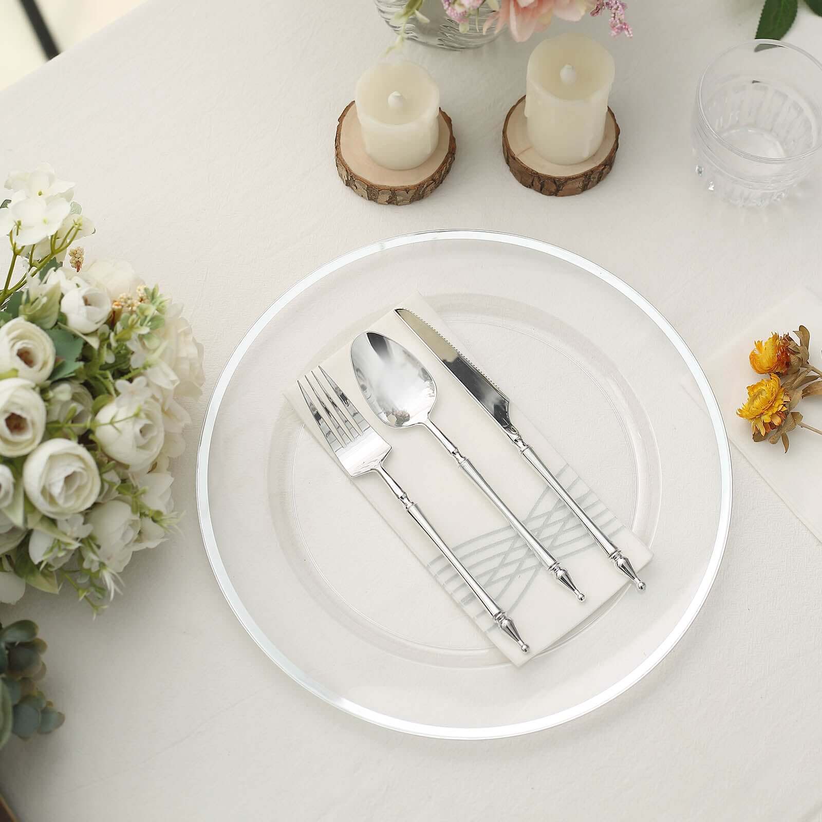 10-Pack Economy Plastic Round Charger Plates 12" in Clear with Wide Silver Rim, Decorative Dinner Party Serving Plates