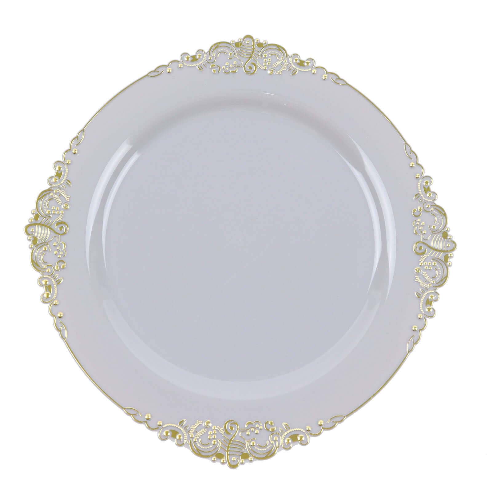 10-Pack Plastic 8" Round Dessert Plates in Gray with Gold Leaf Embossed Rim - Disposable Vintage Baroque Style Salad Plates