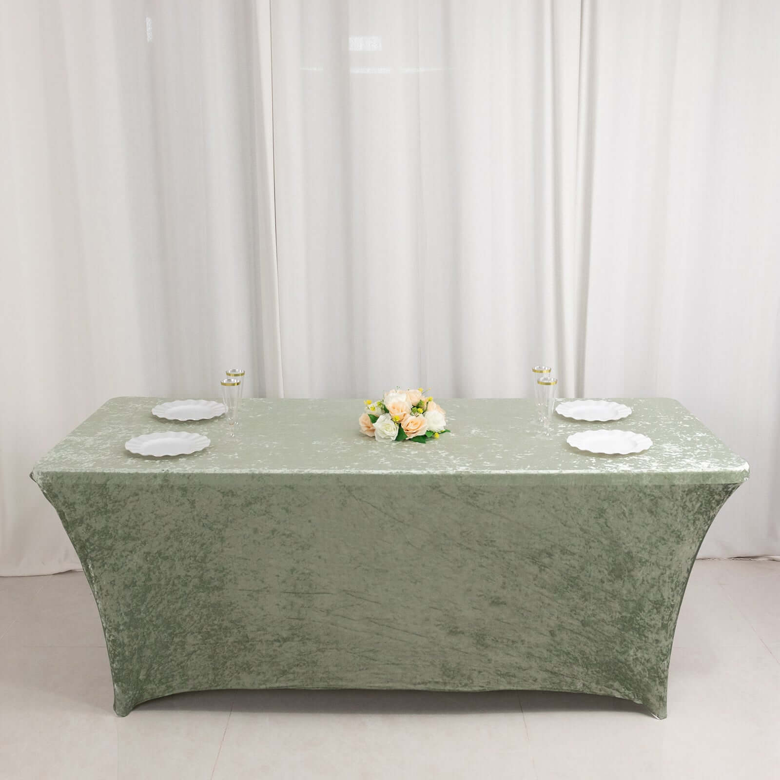 Crushed Velvet Fitted Rectangular 6ft Table Cover Sage Green - Wrinkle-Free Stretchy Tablecloth