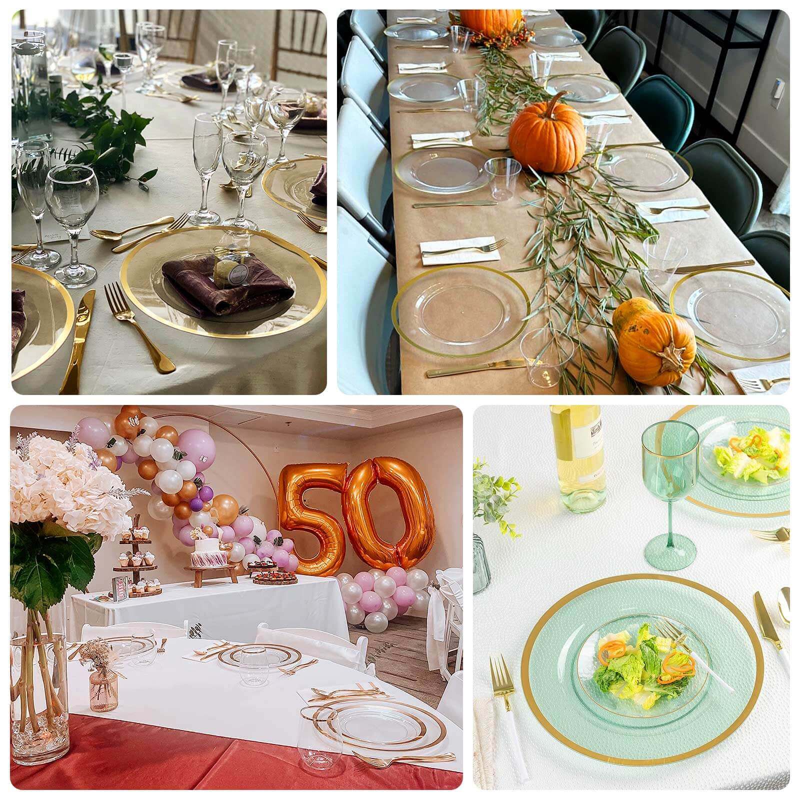 10-Pack Economy Plastic Round Charger Plates 12" in Transparent Blush with Wide Gold Rim, Decorative Dinner Party Serving Plates
