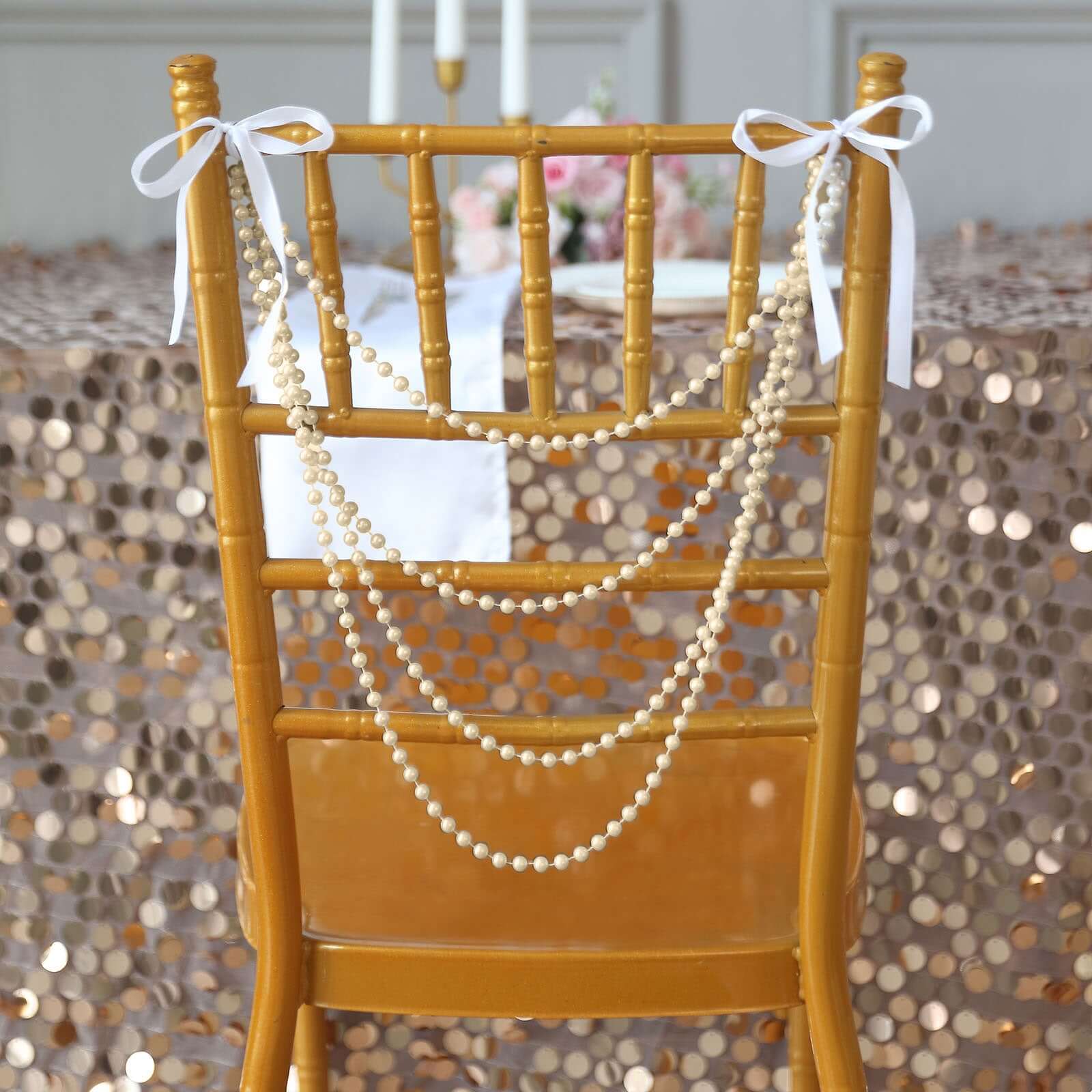 Faux Pearl Beaded 16" Chair Back Garland Sash Ivory Gatsby-Inspired Style - Pre-Tied Chic Wedding Decor for Chiavari Chairs