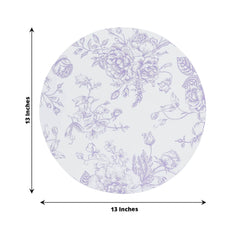 10-Pack Disposable Table Placemats in French Toile Print 13" in White/Matte Lavender - Chic Floral Cardboard Placemats for Stylish Table Setting