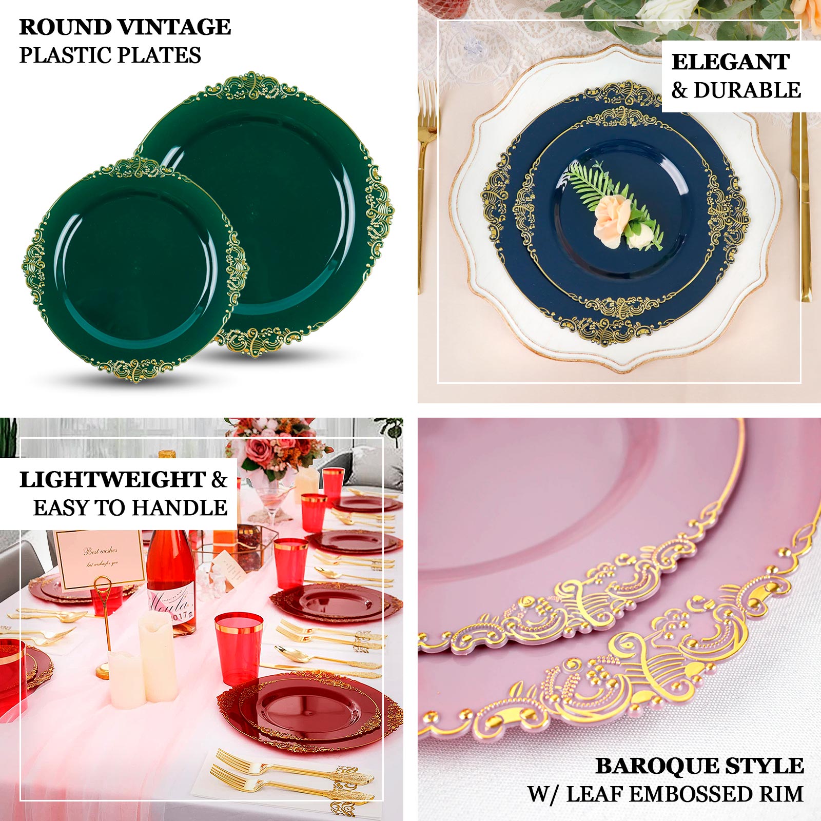 10-Pack Plastic 8" Round Dessert Plates in Transparent Navy Blue with Silver Leaf Embossed Rim - Disposable Vintage Baroque Style Salad Plates
