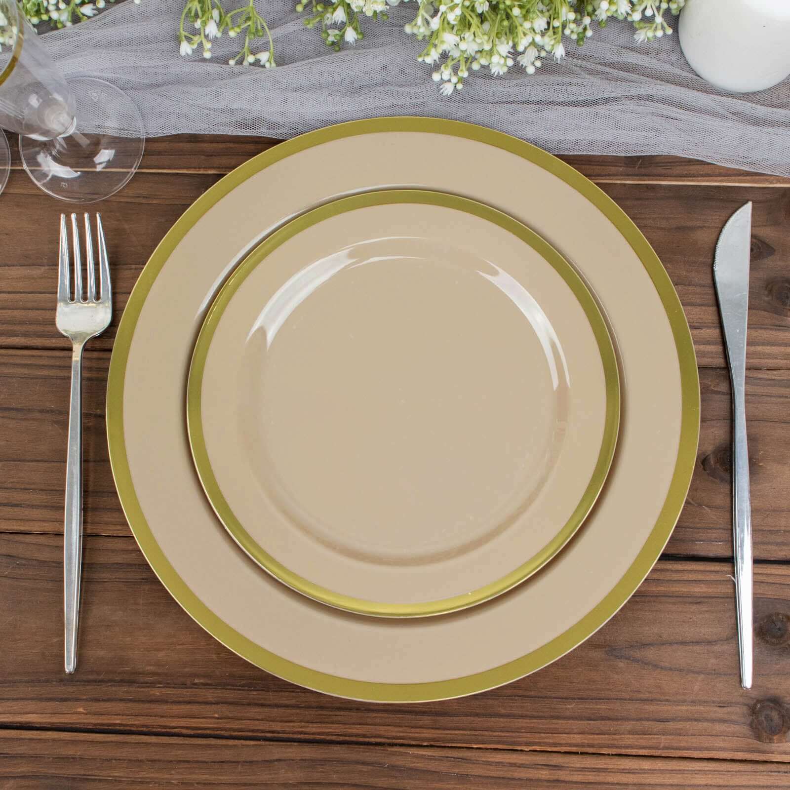 10-Pack Plastic 7" Round Appetizer Plates in Taupe with Gold Rim - Sleek Disposable Salad Plates for Banquets & Special Occasions