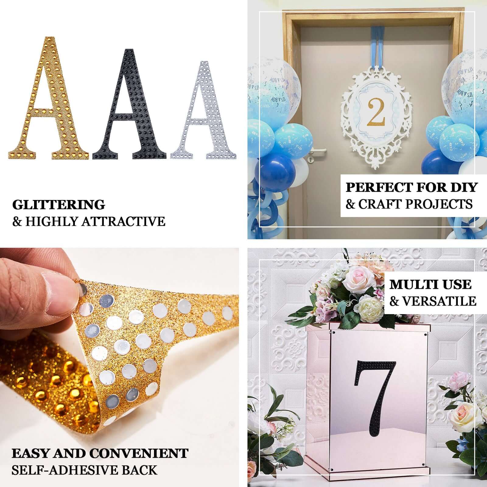 Decorative Rhinestone Alphabet "A" Letter Stickers, Glitter Adhesive Craft Letters Black DIY Sparkle Embellishments 4"