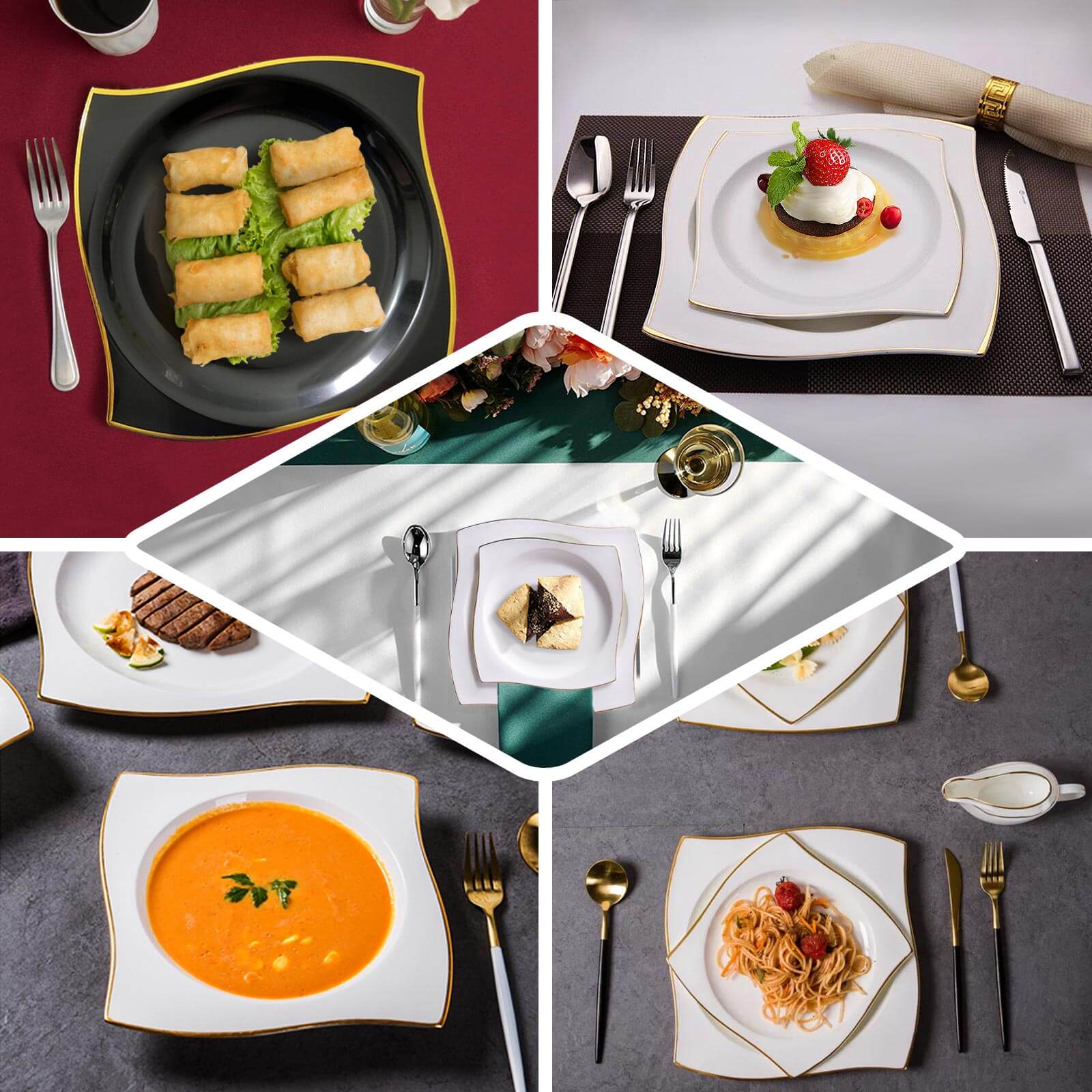 10-Pack Plastic 8" Square Dessert Plates in Clear with Gold Wavy Rim Modern - Disposable Salad Appetizer Party Plates