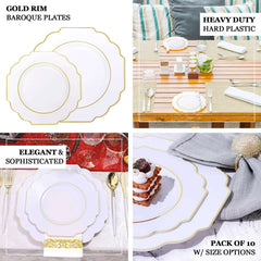 10-Pack Plastic Dessert Appetizer Plates in Terracotta (Rust) Baroque Design with Scalloped Gold Rim - Heavy Duty Disposable Salad Plates 8"