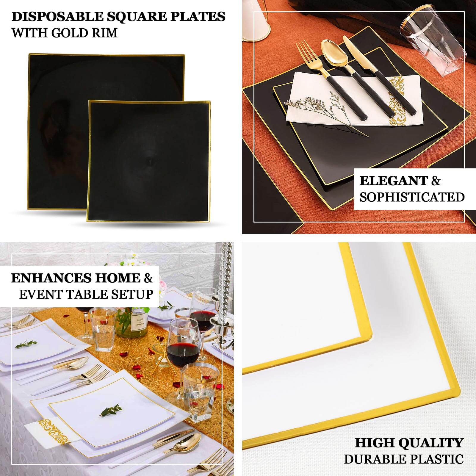 10-Pack Plastic 10" Square Dinner Plates in Taupe Concave Style with Gold Rim - Modern Disposable Party Plates