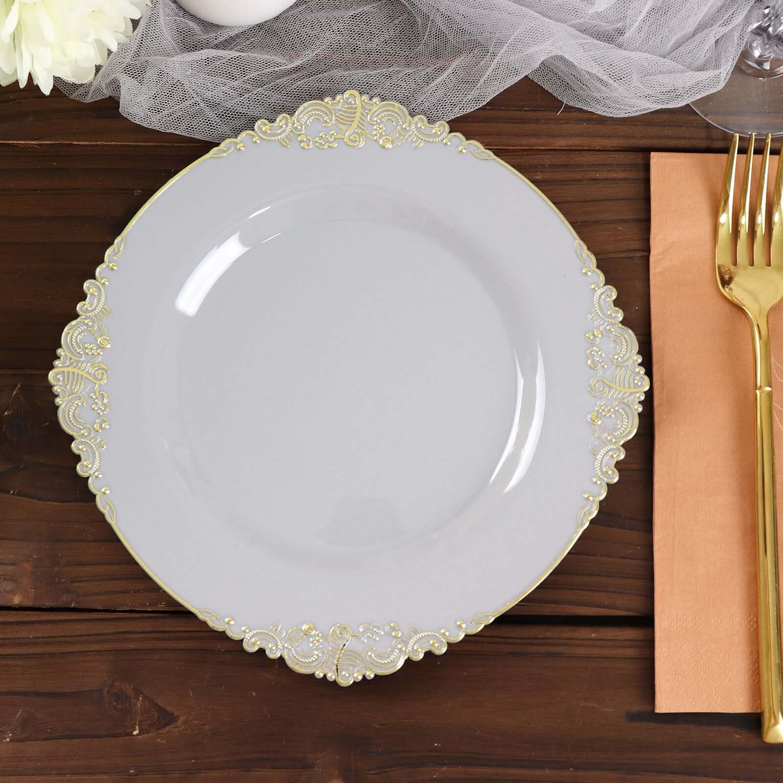 10-Pack Plastic 8" Round Dessert Plates in Gray with Gold Leaf Embossed Rim - Disposable Vintage Baroque Style Salad Plates