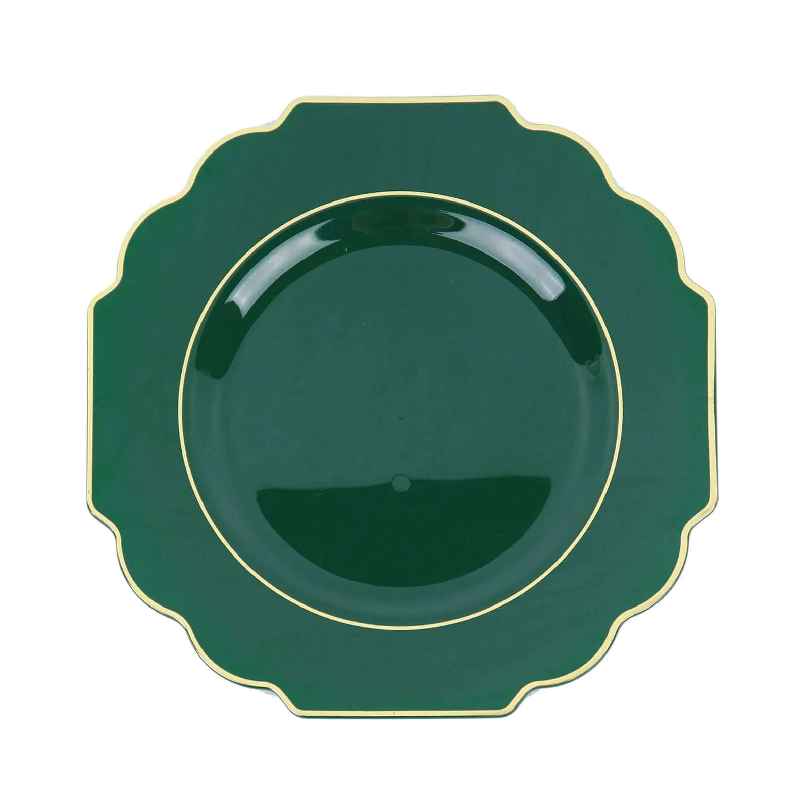 10-Pack Plastic Dinner Plates in Hunter Emerald Green Baroque Design with Scalloped Gold Rim - Heavy Duty Disposable Party Plates 11"