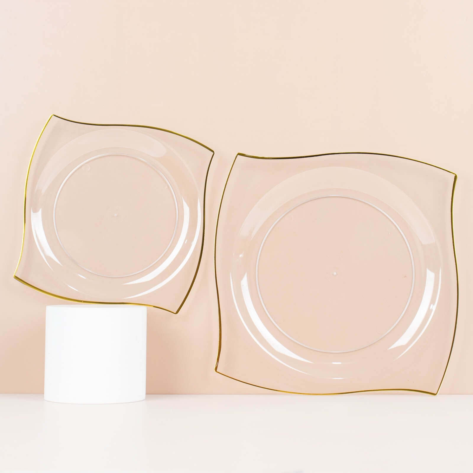 10-Pack Plastic 8" Square Dessert Plates in Clear with Gold Wavy Rim Modern - Disposable Salad Appetizer Party Plates