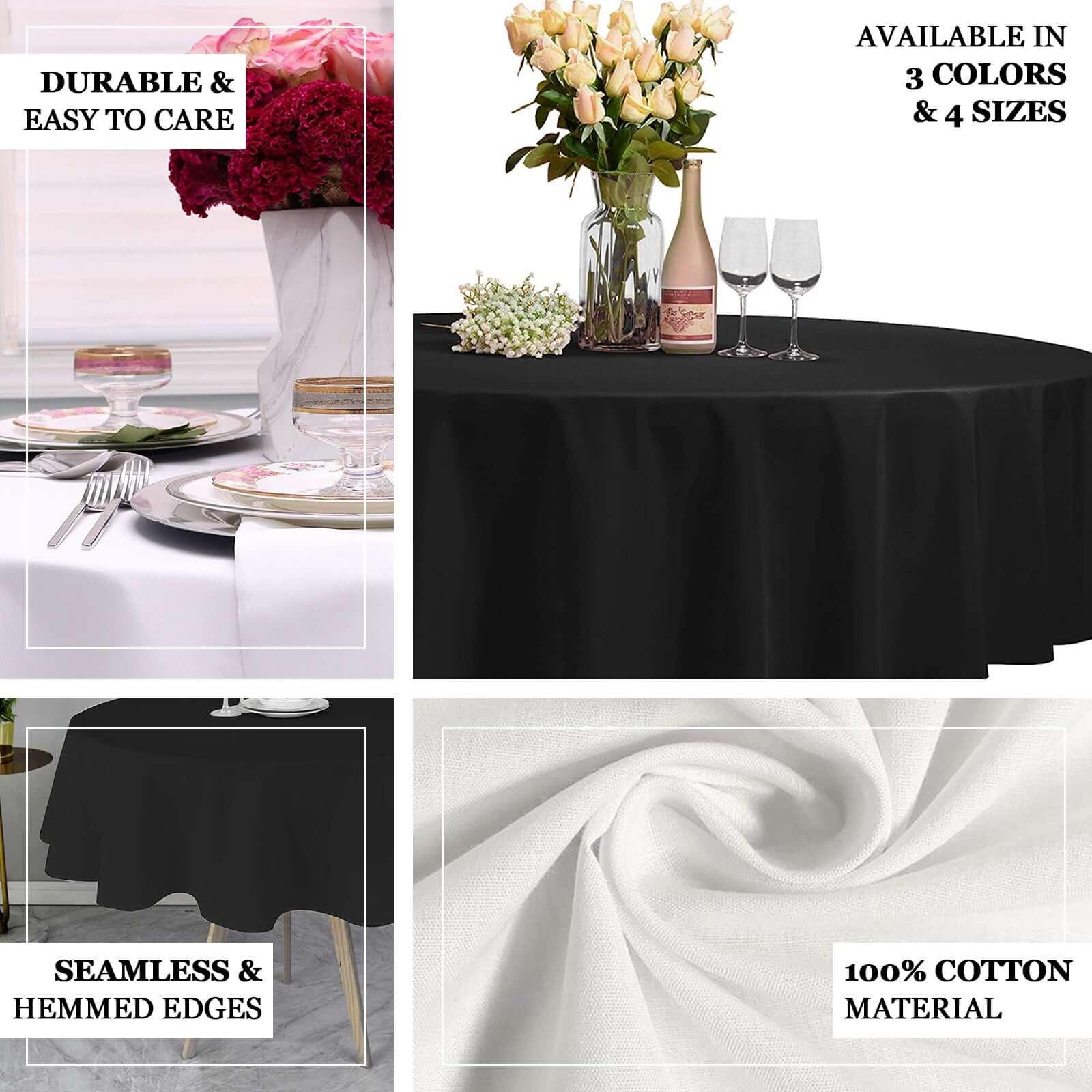 100% Cotton 90" Round Tablecloth Black Linen - Soft & Breathable Table Cover