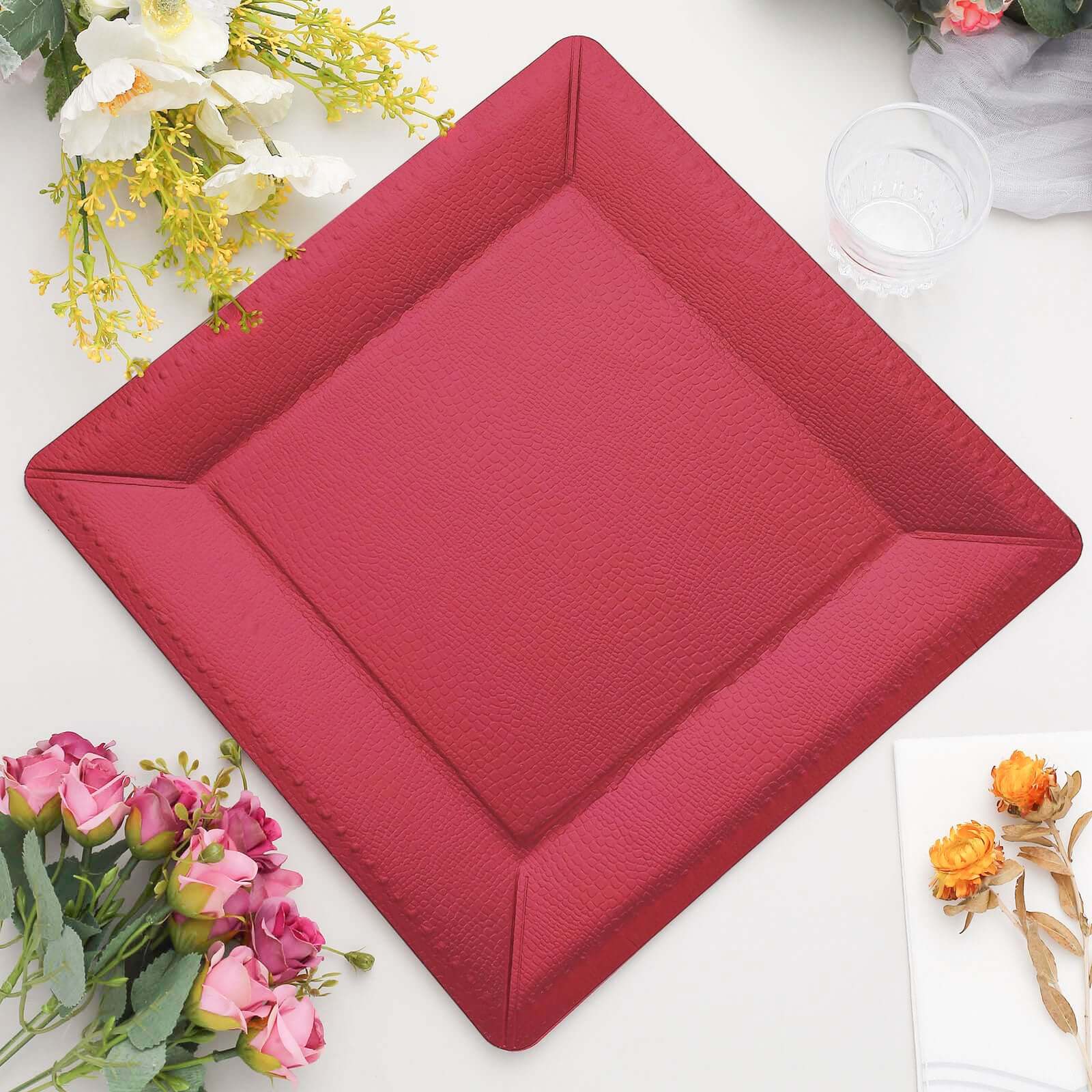 10-Pack Disposable Square Charger Plates in Burgundy with Leather Like Texture - 1100GSM Durable Paper Chargers 13"
