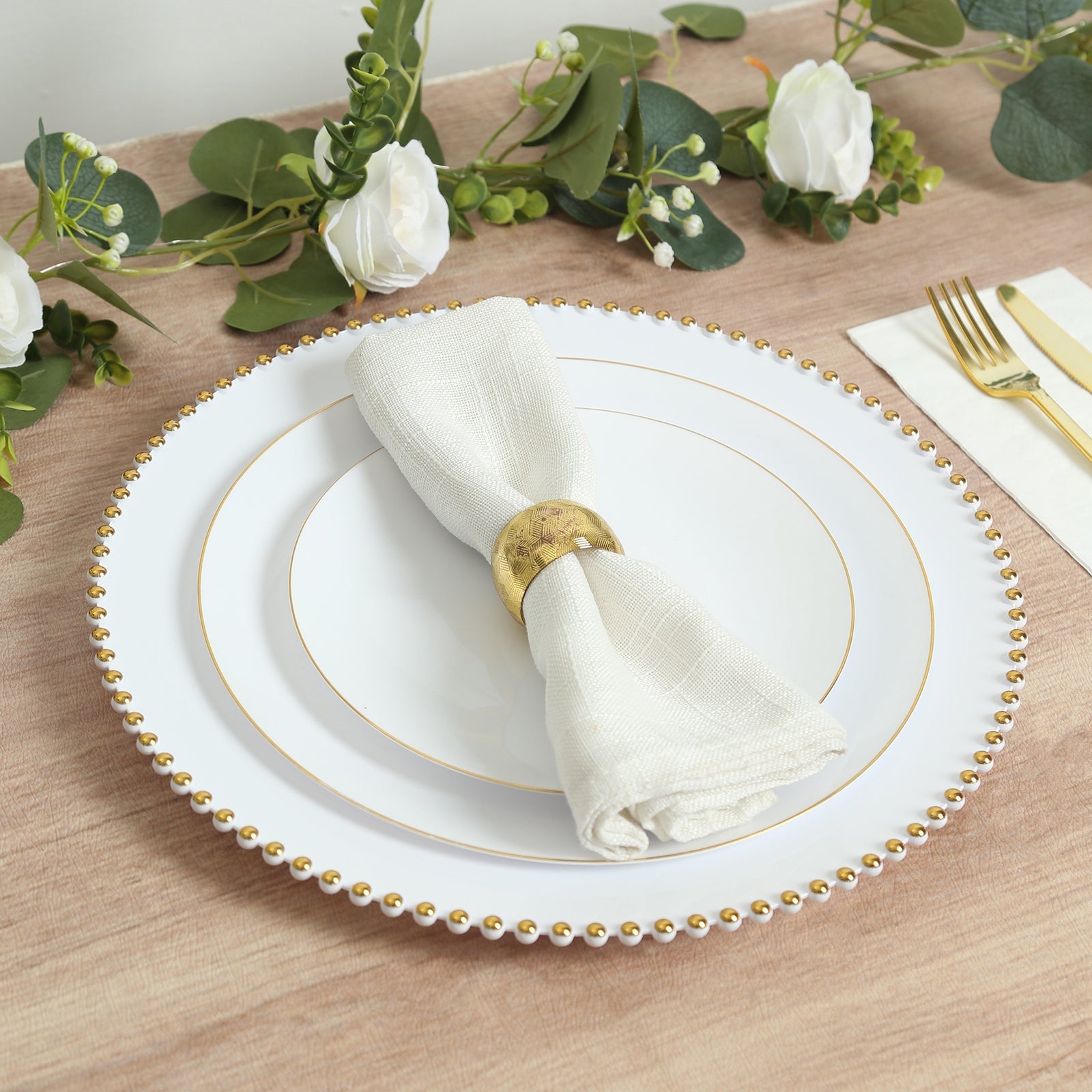 10-Pack Economy Round Plastic Charger Plates 13" in White with Gold Beaded Rim, Stylish Dinner Party Serving Plates