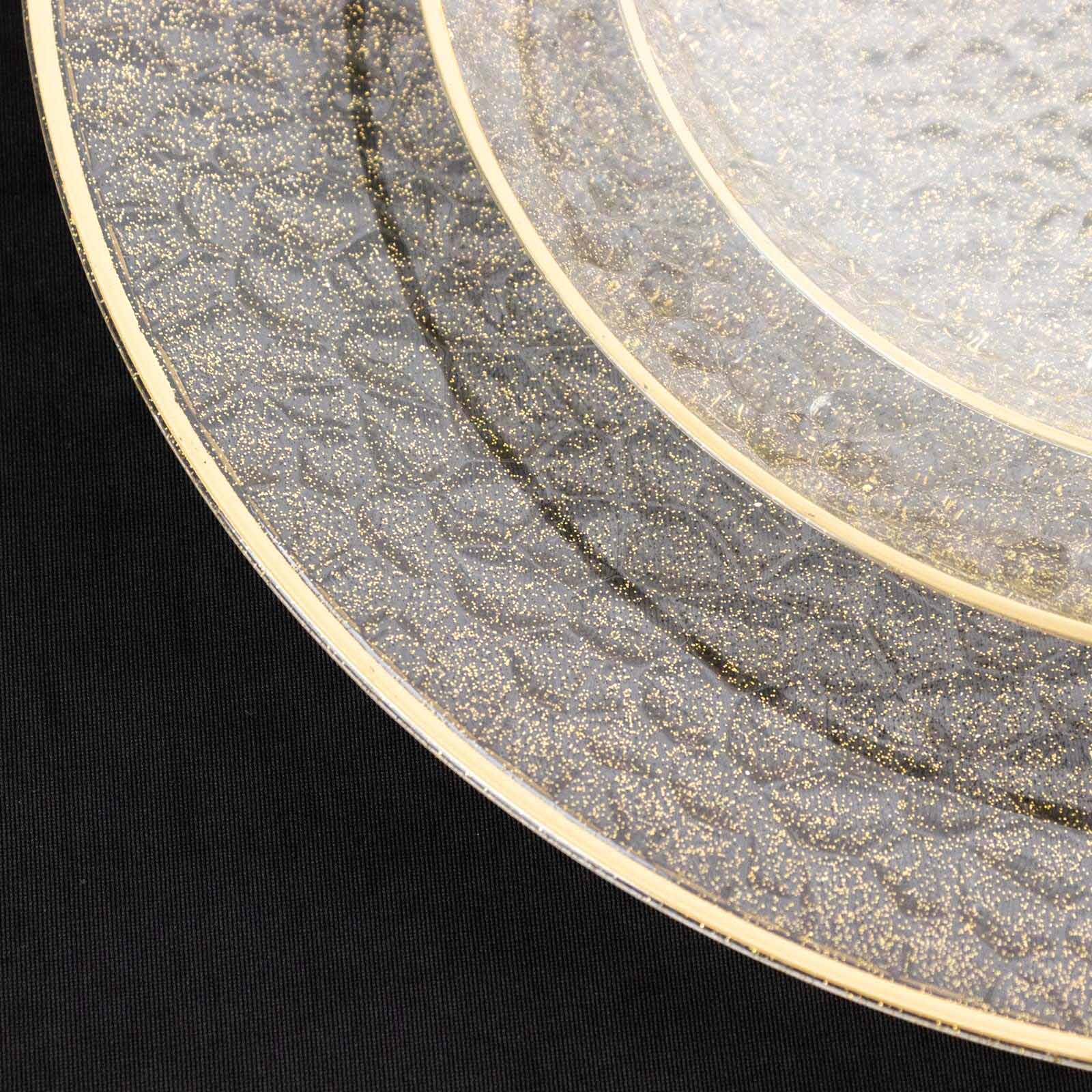 10-Pack Economy Plastic Round Charger Plates 13" in Clear Hammered Design with Glittered Gold Rim - Decorative Dinner Party Serving Plates