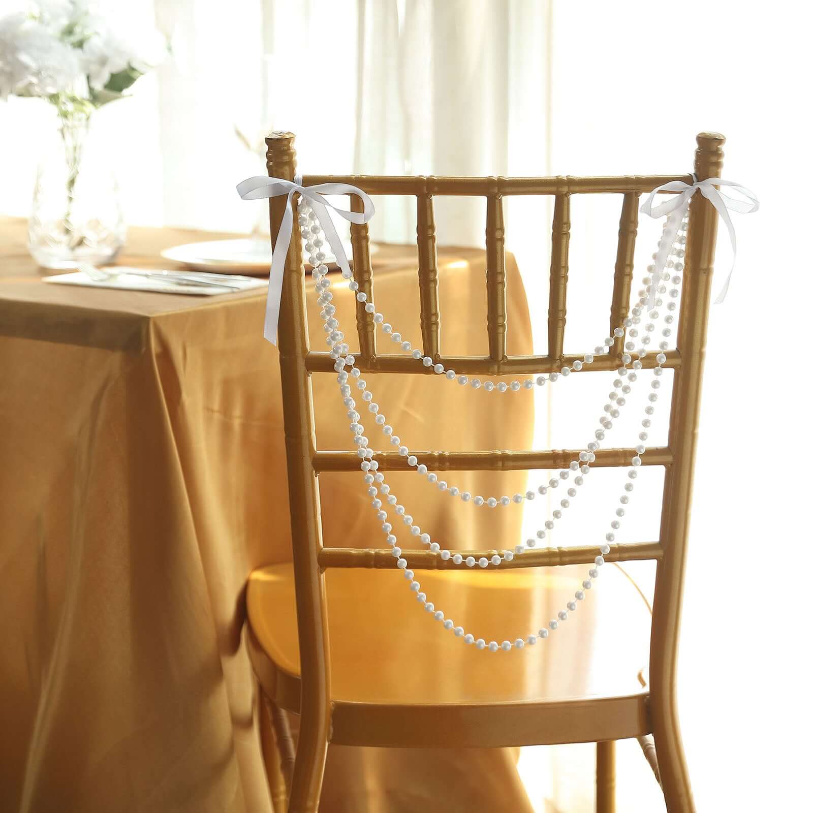 Faux Pearl Beaded 16" Chair Back Garland Sash White Gatsby-Inspired Style - Pre-Tied Chic Wedding Decor for Chiavari Chairs