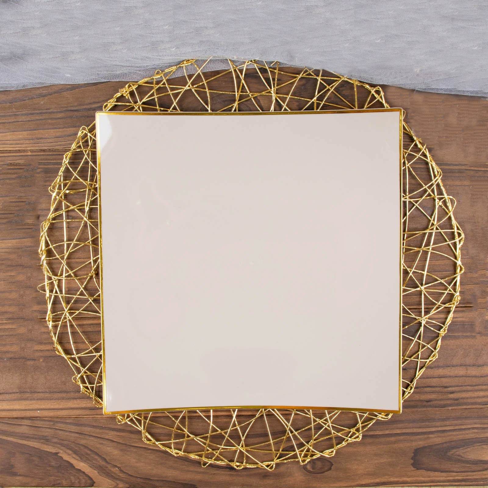 10-Pack Plastic 10" Square Dinner Plates in Taupe Concave Style with Gold Rim - Modern Disposable Party Plates