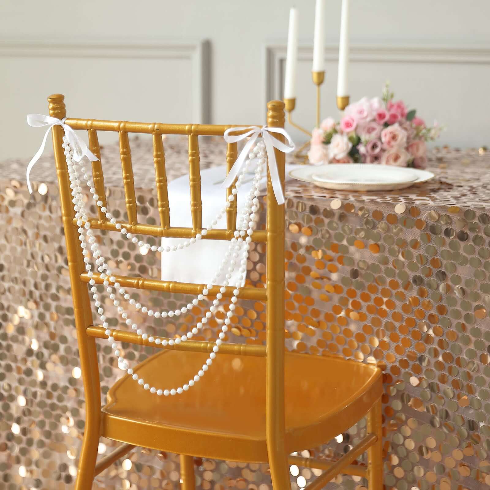 Faux Pearl Beaded 16" Chair Back Garland Sash White Gatsby-Inspired Style - Pre-Tied Chic Wedding Decor for Chiavari Chairs