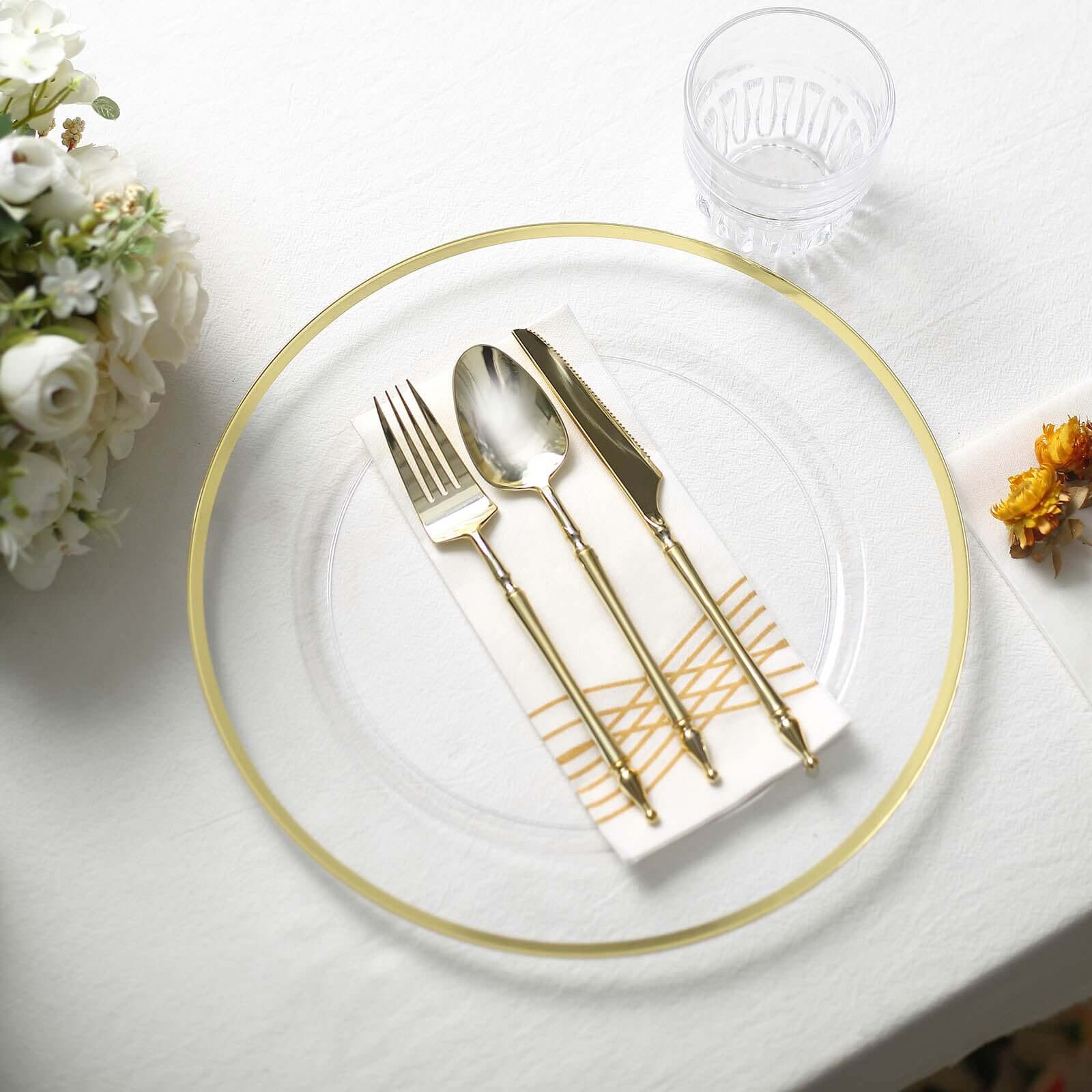10-Pack Economy Plastic Round Charger Plates 12" in Clear with Wide Gold Rim, Decorative Dinner Party Serving Plates