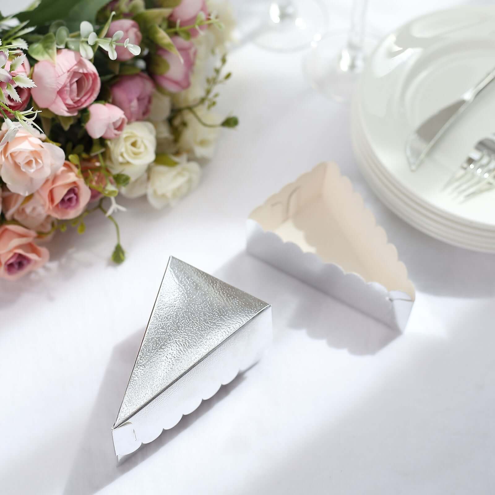 10-Pack Cardstock Triangle Cake Slice Boxes Silver with Scalloped Top 4"x2.5"