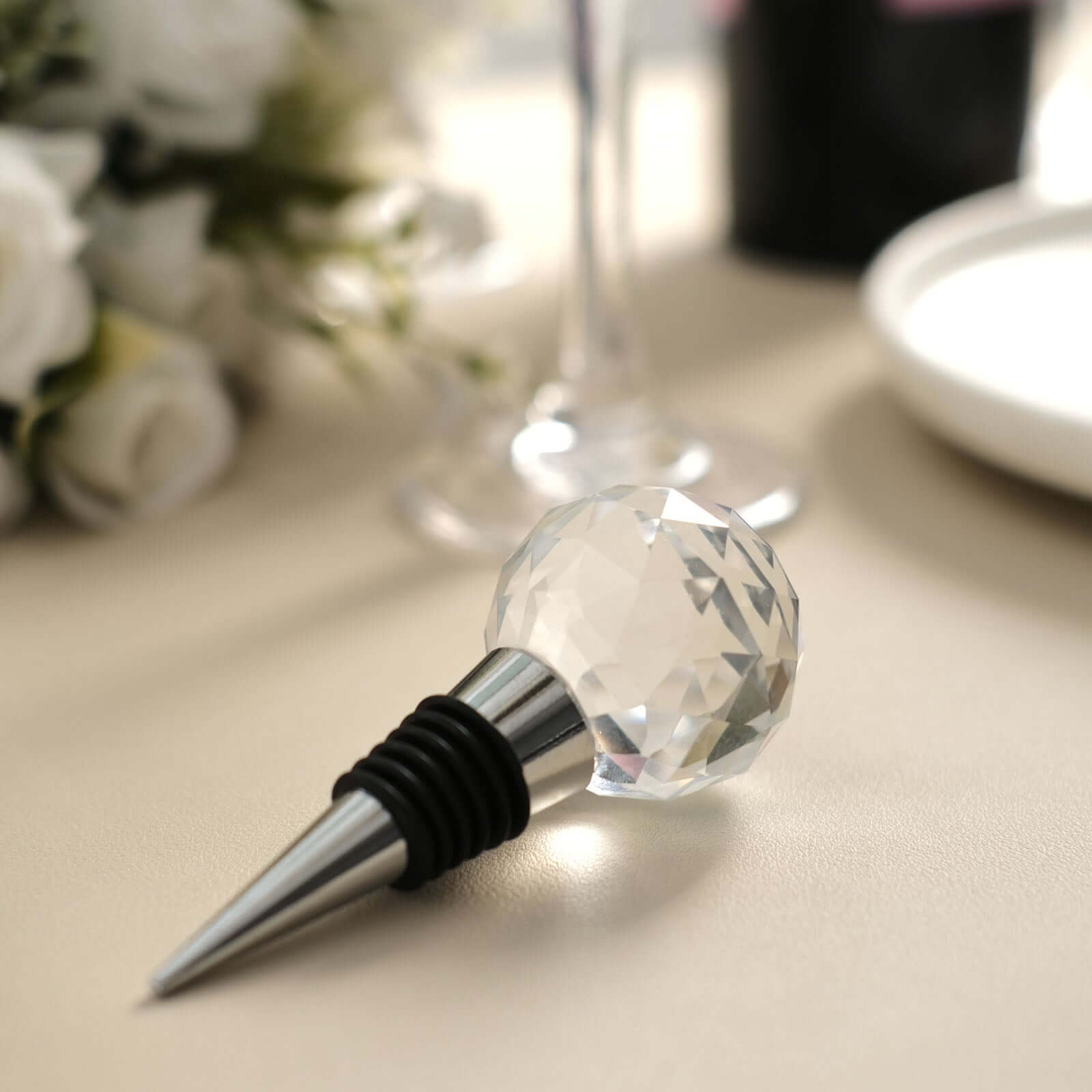 Crystal Glass Ball Metal Wine Bottle Stopper Plug Party Favor Gift Box - Clear Box, Thank You Card, and Ribbon Included