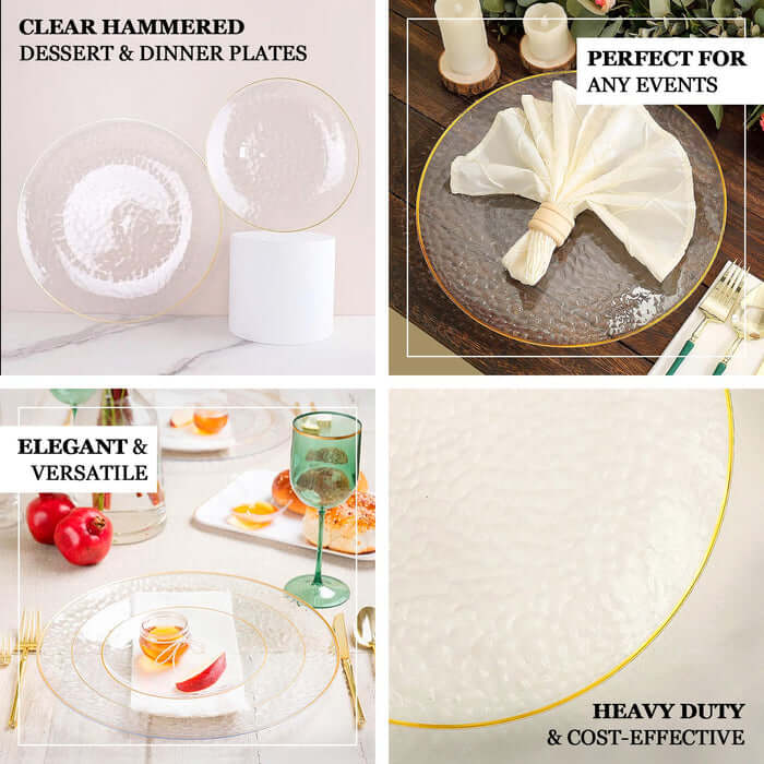 10-Pack Economy Plastic Round Charger Plates 13" in Clear Hammered Design with Glittered Gold Rim - Decorative Dinner Party Serving Plates