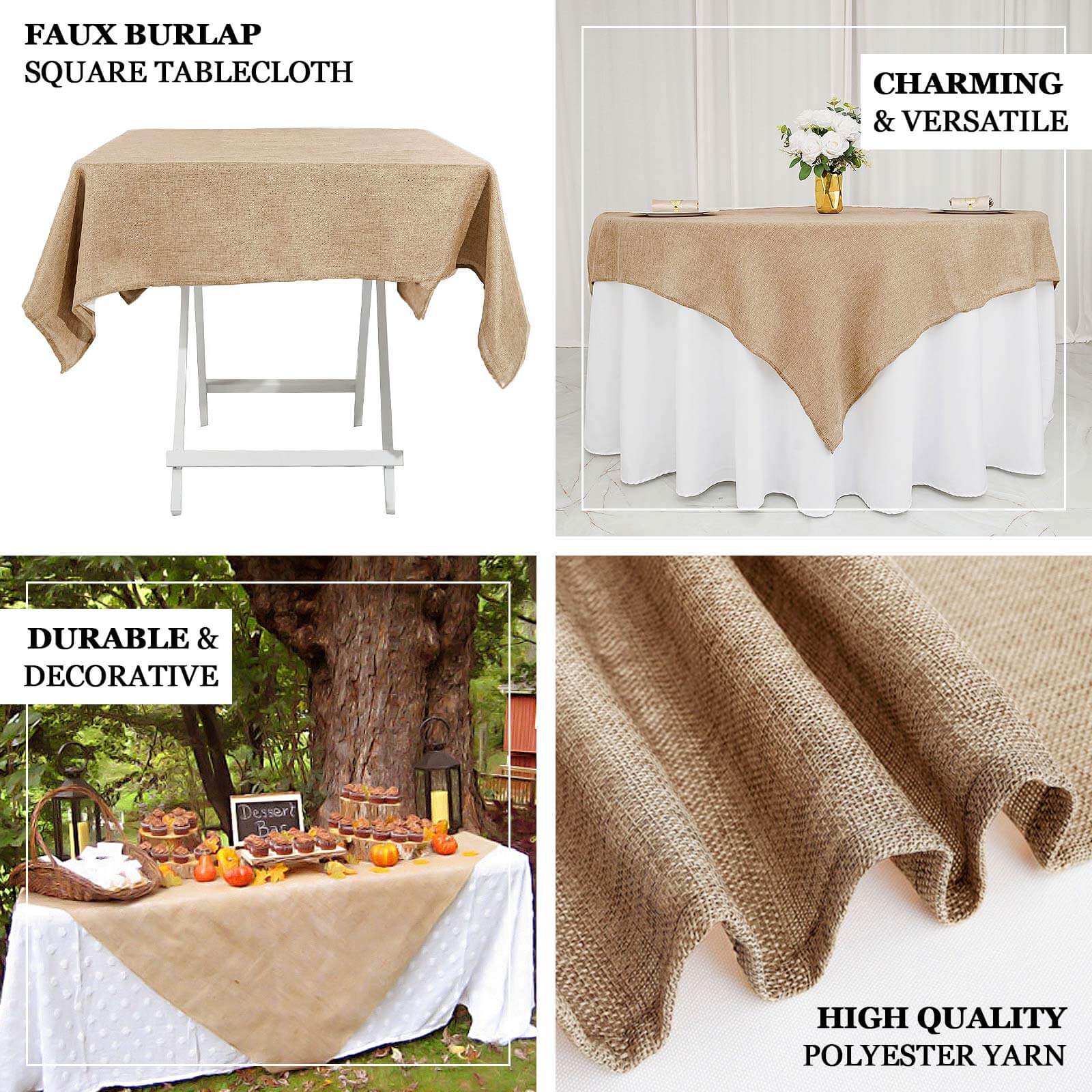 Faux Burlap Jute 54"x54" Square Tablecloth Natural - Rustic Event Table Linen