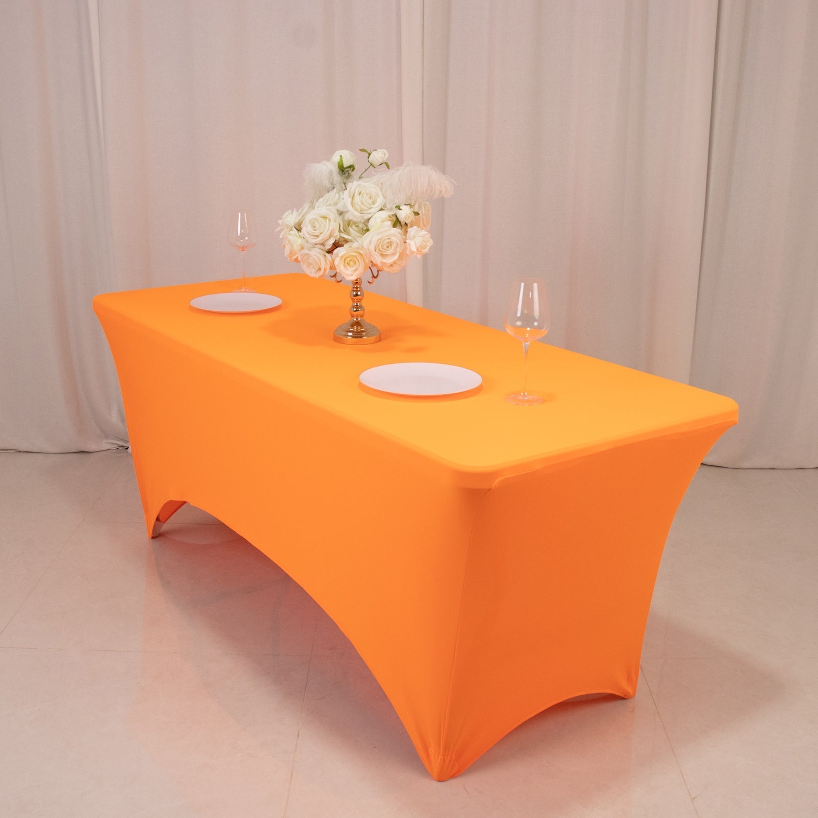 Glow Neon Orange Fitted Spandex Tablecloth – 6ft Rectangle, Wrinkle-Free Cover