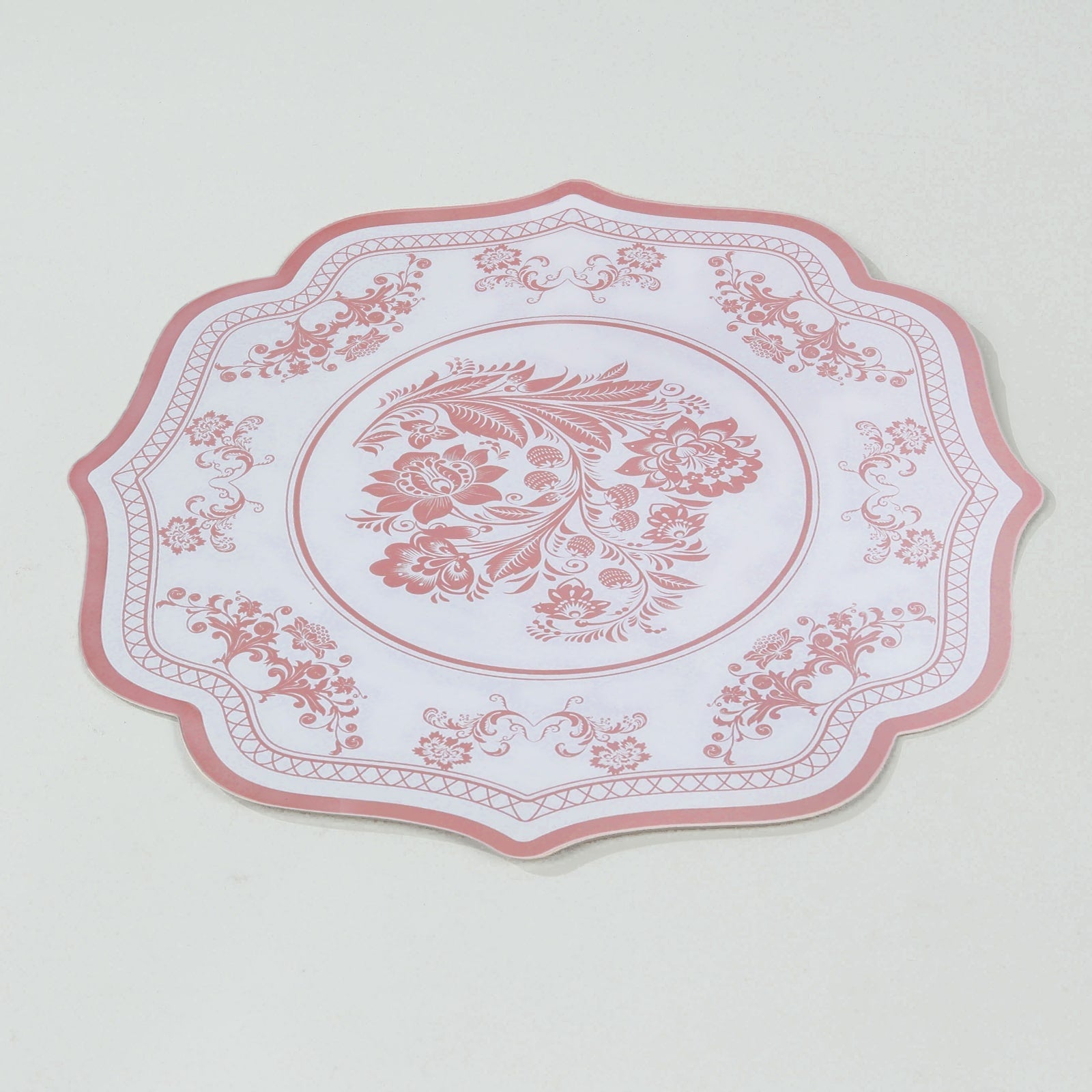10-Pack Disposable Table Placemats 13" Round Placemats in White with Pink Damask Floral Pattern & Scalloped Rim - 400GSM Cardboard Placemats for Stylish Table Setting