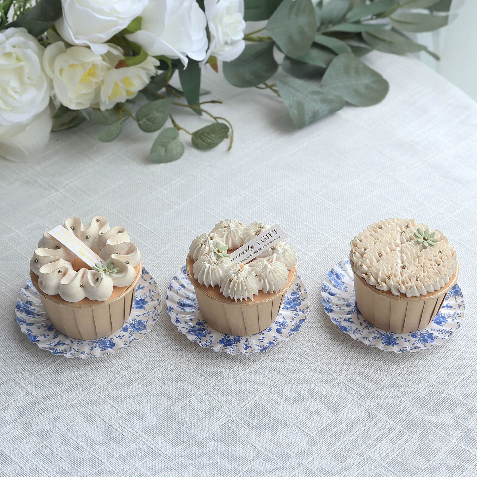 100-Pack Paper 3.5" Round Plates in White with Blue French Toile Design & Scalloped Rim - Disposable Mini 250GSM Dessert Party Plates for Tapas, Appetizers & Finger Foods